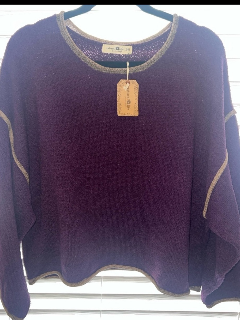 NWT NATURAL LIFE OVERSIZED PURPLE SWEATER W/ CONTRASTING TAN TRIM//SIZE S/M